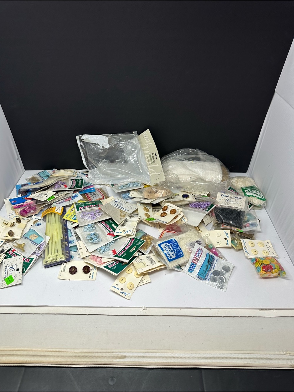 Vintage Craft Supplies Lot of 122 NIP Accents Miniatures Buttons Beads Lace P0